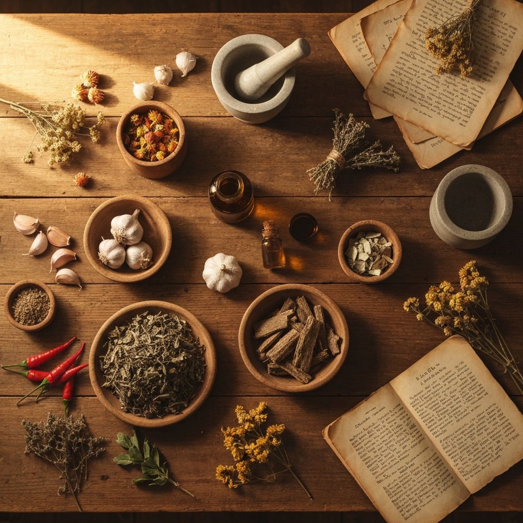 Natural herbs and remedies on an apothecary table